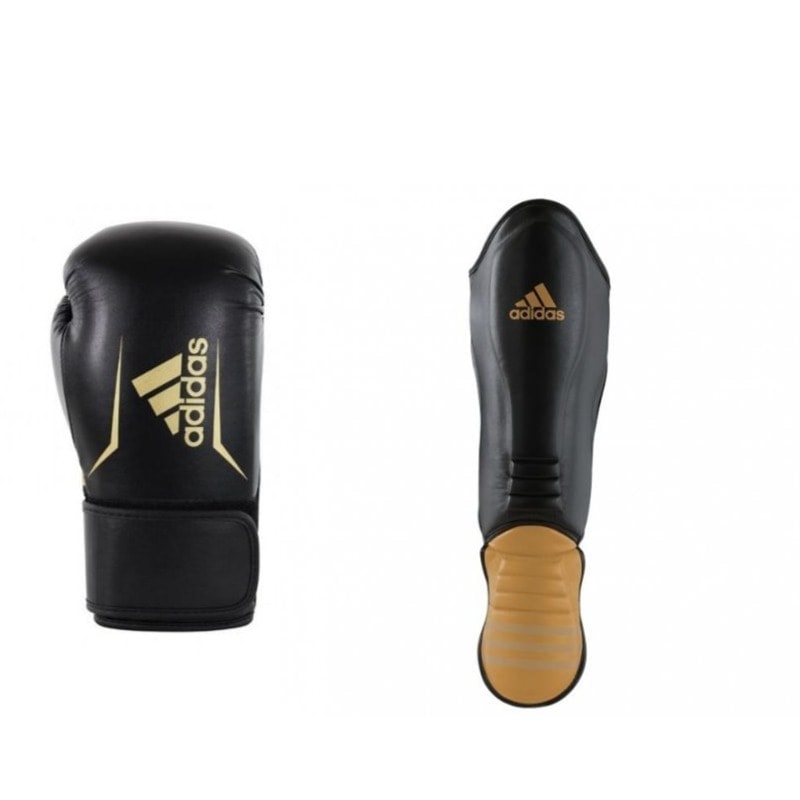 Bundel Adidas speed 100 zwart/goud scheenbeschermers en kickbokshandschoenen