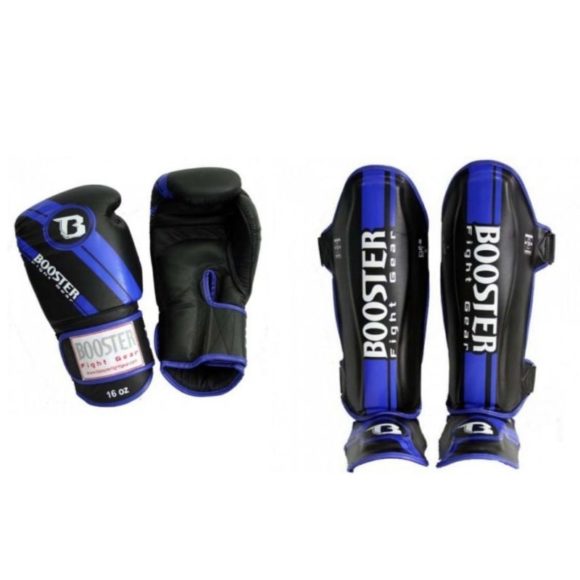 Bundel Booster V3 zwart/blauw scheenbeschermers en kickbokshandschoenen