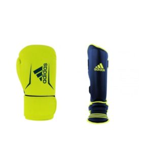 Bundel Adidas speed 100 kickbokshandschoenen en scheenbeschermers geel/blauw