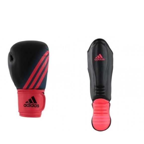 Bundel van Adidas speed 100 kickbokshandschoenen en scheenbeschermers zwart/rood