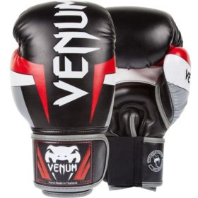 Zwart rood grijzen (kick)bokshandschoenen van Venum Elite.