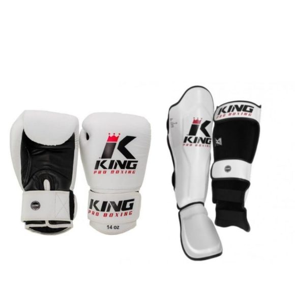 Een bundel met witte (kick)bokshandschoenen en scheenbeschermers van King kpb.