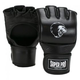 Zwart witte leren mma handschoenen van Super Pro, de Combat Gear Slugger.