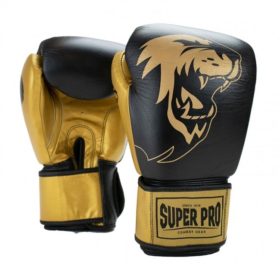 Zwart gouden bokszakhandschoenen van leer, van Super Pro.