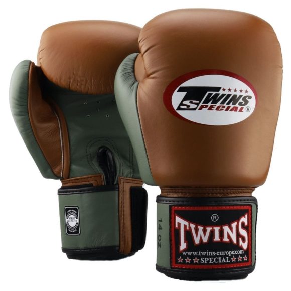 (Kick)bokshandschoenen in retro bruin en leger groen, de Twins bgvl 3.