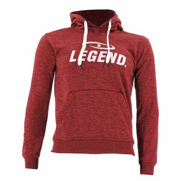 Een rood hoodie van Legend Sports voor volwassenen en kinderen.