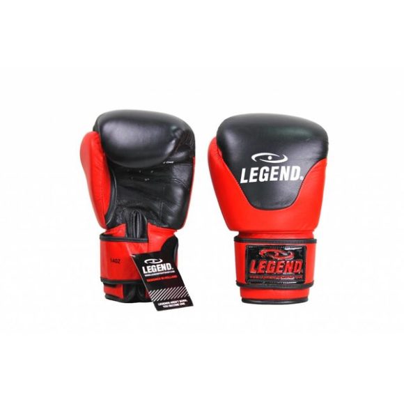 Zwart rode leren bokshandschoenen van Legend Sports.