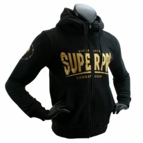 Zwarte hoodie met rits van Super Pro voor volwassenen en kinderen..